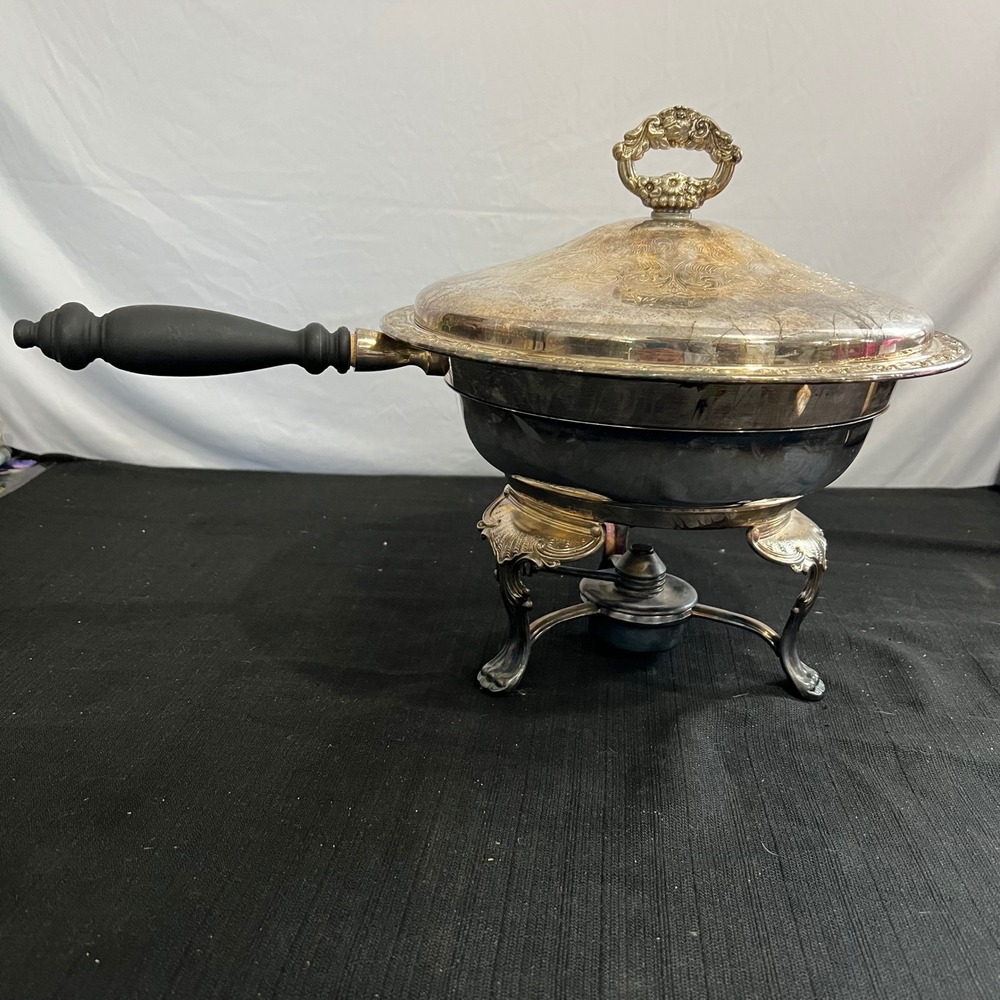 Vintage Oneida Chafing Dish with Burner Stand and Wood Handle 9in